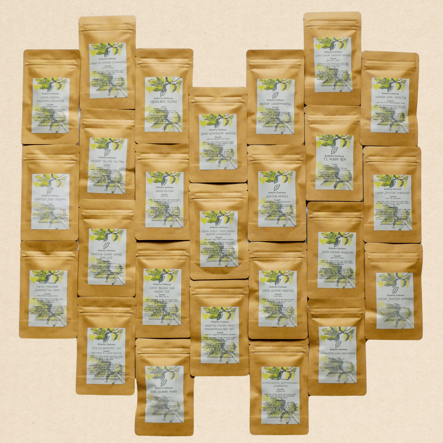 Probierpaket: Von jeder der 25 angebotenen Teesorten 20 Gramm